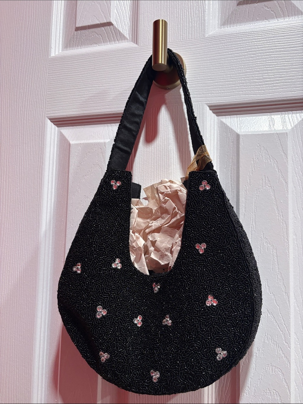 BNWT Made in India Embellished Black Beaded Shoulder Bag with Red & Clear Gems - Picture 6 of 8